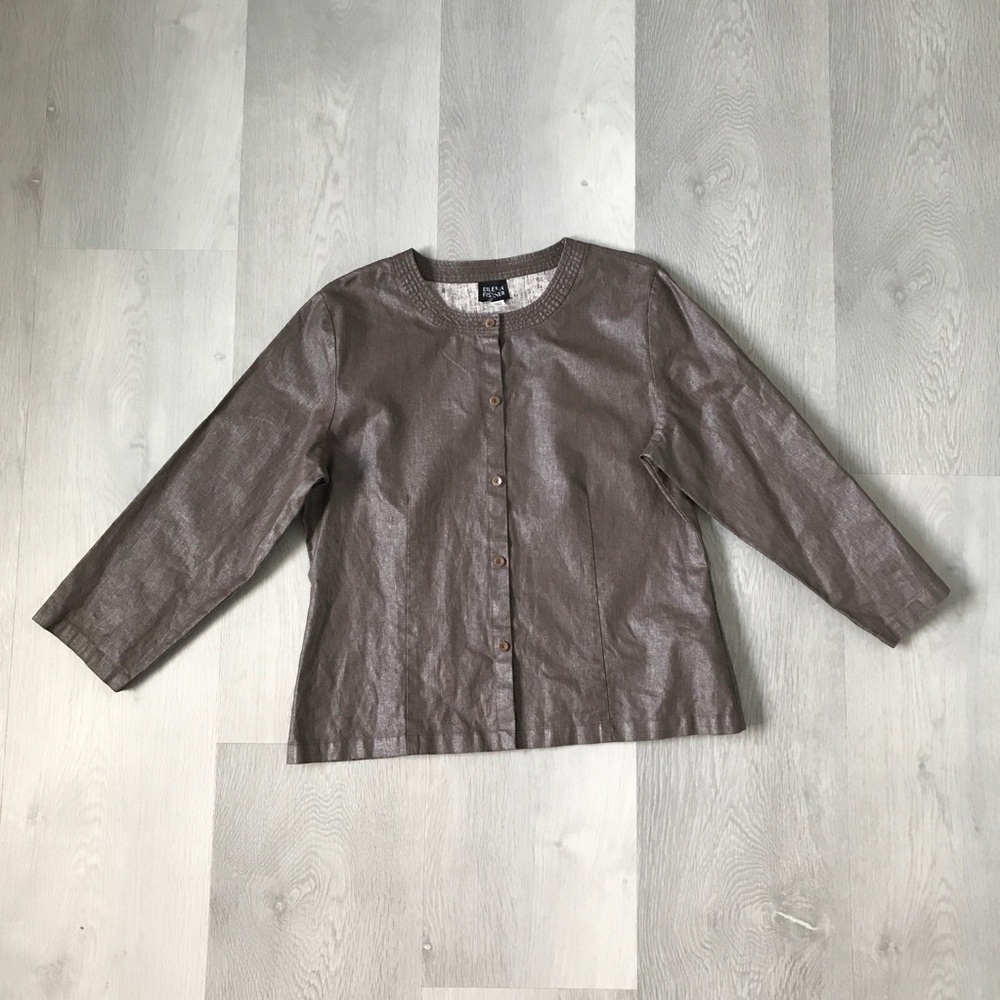 EILEEN FISHER BROWN LONG SLEEVE BUTTON CREW 100% LINEN WOMENS SMALL